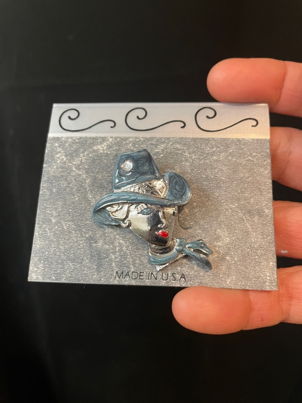 NEW Cowgirl Pin Brooch Silver with blueish enamel cowboy hat Accent red Lipstick